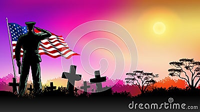 Memorial Day or Independence Day background, Soldier with tombstones and USA flag Cartoon Illustration