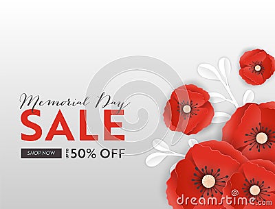 Memorial Day Sale Banner with Red Paper Cut Poppy Flowers. Remembrance Day Discount Poster with Symbol of Peace Poppies Vector Illustration