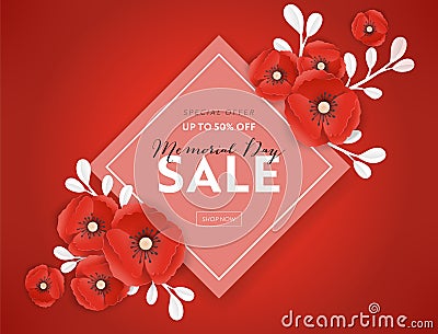Memorial Day Sale Banner with Red Paper Cut Poppy Flowers. Remembrance Day Discount Poster with Symbol of Peace Poppies Vector Illustration