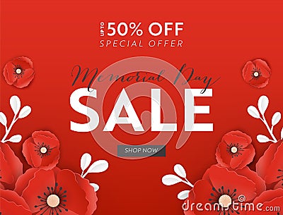 Memorial Day Sale Banner with Red Paper Cut Poppy Flowers. Remembrance Day Discount Poster with Symbol of Peace Poppies Vector Illustration