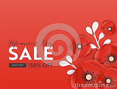 Memorial Day Sale Banner with Red Paper Cut Poppy Flowers. Remembrance Day Discount Poster with Symbol of Peace Poppies Vector Illustration