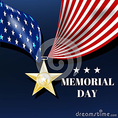 Memorial day, silver star with a ribbon in the form of the us flag. Vector Illustration