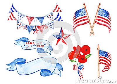 Memorial day watercolor set with US flags, stars, decorative hanging, poppies, vintage banners isolated on white background. 4th Stock Photo