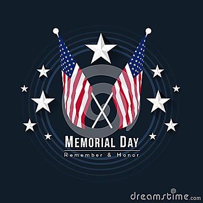 Memorial day for usa banner with Two Crossed American Flag on circle and silver stars on dark blue background vector design Vector Illustration