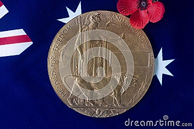 Memorial World War 1 death plaque on Australian flag. Editorial Stock Photo