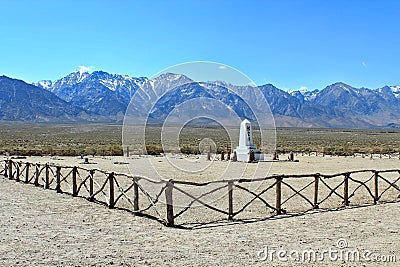 Manzanar Relocation Center National Historic Site with Japanese Memorial and Sierra Nevada, California Stock Photo