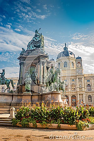 Memorial monument of empress Maria Theresa, flowers and direct light in Vienna, Austria, closeup, details Stock Photo
