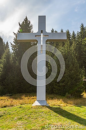 Memorial Orthodox cross on one of the Rhodope peaks in Bulgaria Stock Photo