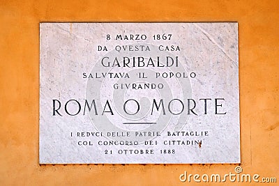 A memorial panel devoted to Italian general, politician and nationalist Giuseppe Garibaldi on the facade on Piazza Bra in Verona Editorial Stock Photo