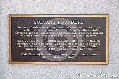 :memorial plate to honor. the danish founders of Solvang in 1913 Editorial Stock Photo