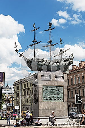 Memorial sign to the first battleship Poltava on Voskresenskaya Embankment, St. Petersburg Editorial Stock Photo