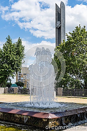 Memorial with stele and fountain in the center of Voronezh. Stele in honor of defeat of Nazi troops near Voronezh in Patriotic War Editorial Stock Photo