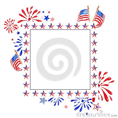 Memorial and 4th of July watercolor frame with red, white and blue stars, usa flags and salute, isolated on white background Stock Photo