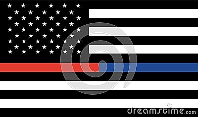 Memorial united Thin Red Line Firefighter Flag and Thin Blue line USA flag remembering vector, memories on fallen fire fighters. Vector Illustration