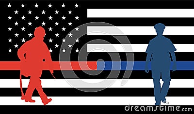 Memorial united Thin Red Line Firefighter Flag and Thin Blue line USA flag remembering vector, memories on fallen fire fighters. Vector Illustration
