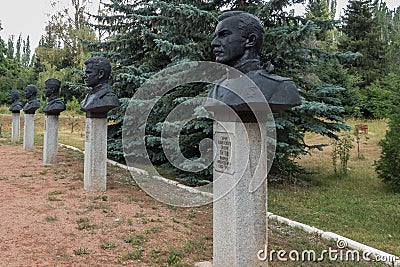 Memorials to highly decorated soldiers at Great Patriotic War memorial / World War 2 memorial in Victory Park, Karakol, Kyrgyzstan Editorial Stock Photo