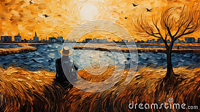 Memories Of Van Gogh: A Golden Sunset In Expressionist Style Stock Photo