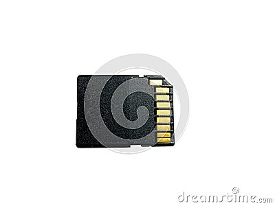 Memory card with gold contacts on the back panel with a high-speed UHS-I bus close-up on a white isolated background Stock Photo