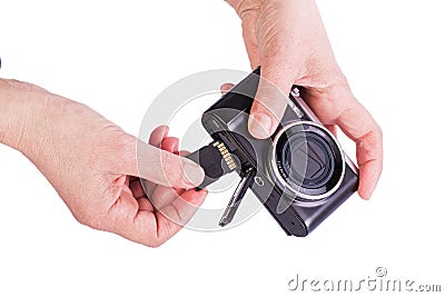 Memory Card inserted in the camera. Stock Photo