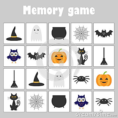 Memory game with pictures halloween theme for children, fun education game for kids, preschool activity, task for the developmen Cartoon Illustration