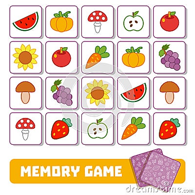 Memory game for children, cards with fruits and vegetables Vector Illustration