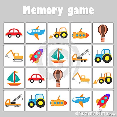 Memory game with pictures - different transport for children, fun education game for kids, preschool activity, task for the Stock Photo