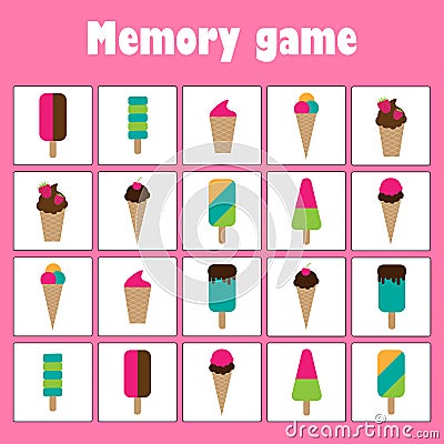 Memory game with pictures - ice creams theme for children, xmas fun education game for kids, preschool activity, task for the Stock Photo