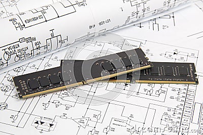 Memory module DIMM type DDR4 on paper electronics drawings Stock Photo