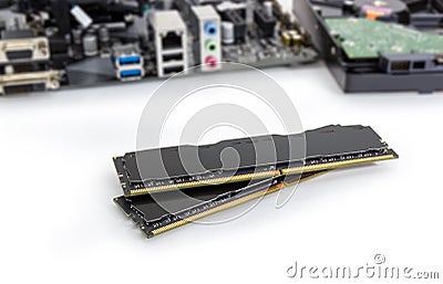 Memory modules of a desktop computers against of other component Stock Photo
