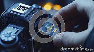 Memory storage concept closeup action of inserting a memory card into a camera in a studio environment Stock Photo