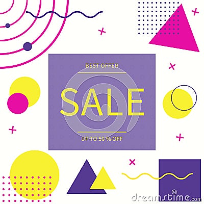 Memphis style abstract advertising banner SALE. Geometric figures shapes colorful minimal. Vector. Graphic design. Stock Photo