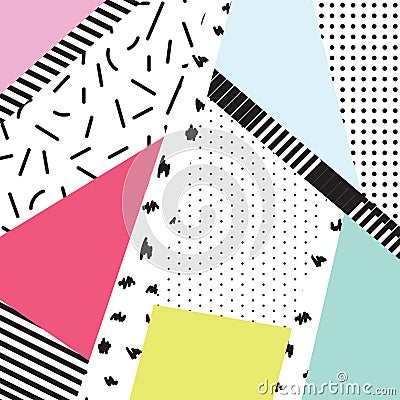 Memphis color blocks and dash elements backdrop design. Vector Illustration