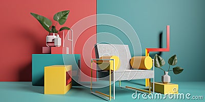 armchair space memphis design sofa room colourful interior home art geometric. Generative AI. Stock Photo