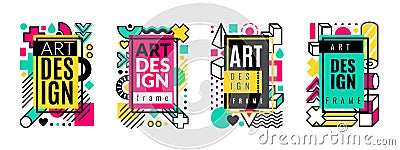 Memphis frame. Graphic abstract dots and lines, halftone gradient geometric elements for business card and flyer Vector Illustration