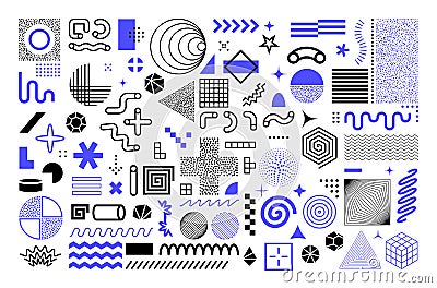 Memphis geometric shapes. Abstract graphic figures. Minimal contour flat style forms set from lines and dots. Purple Vector Illustration