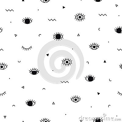 Memphis pattern with psychedelic eyes and geometric shapes. Fashion background in 90s 80s style. Linear design. Triangle Vector Illustration