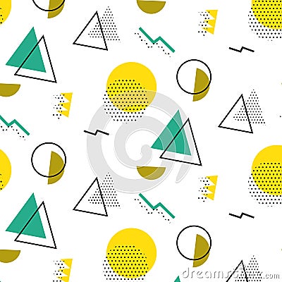 Memphis pattern 80`s-90`s styles on red background. Trendy memphis style. Colorful geometric pattern different shapes color style. Stock Photo