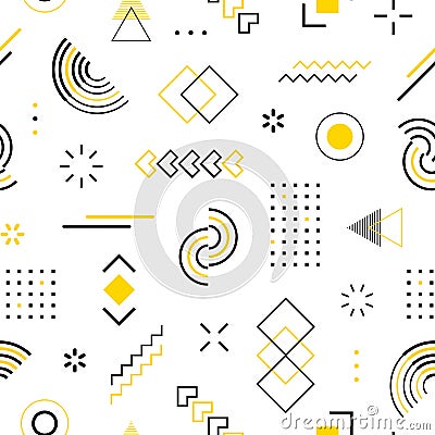 Memphis seamless pattern. Abstract check geometric shape. Repeated mark graphic element. Scattered geometry background. Repeating Vector Illustration
