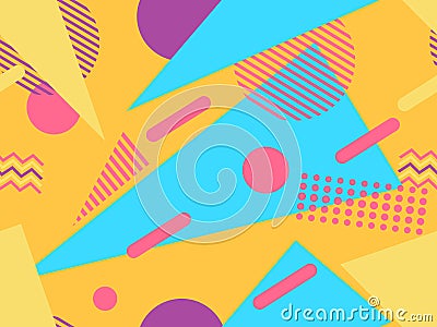Memphis seamless pattern with geometric shapes in the style of the 80s. Eighties print colorful background for promotional Vector Illustration