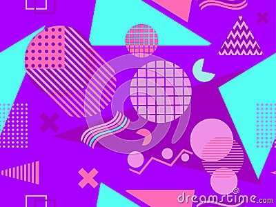 Memphis seamless pattern with geometric shapes in the style of the 80s. Eighties print colorful background for promotional Vector Illustration