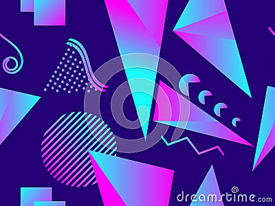 Memphis seamless pattern. Holographic geometric shapes, gradients, retro style of the 80s. Memphis design background. Vector Vector Illustration