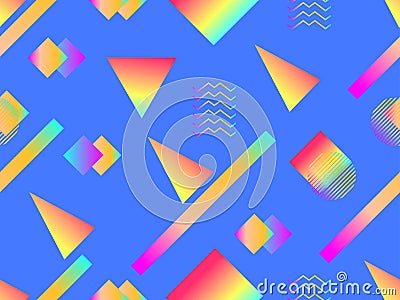 Memphis seamless pattern. Holographic geometric shapes, gradients, retro style of the 80s. Memphis design background. Vector Vector Illustration