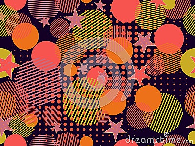 Memphis seamless pattern. Pop art dotted and geometric elements memphis in the style of 80`s. Vector Vector Illustration