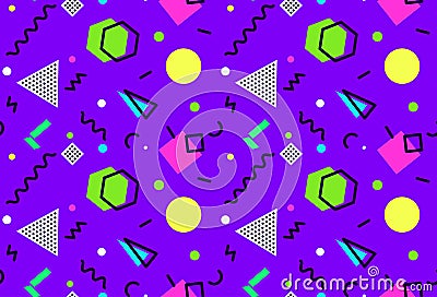 Memphis seamless pattern 80`s-90`s styles on purple background. Vector Illustration