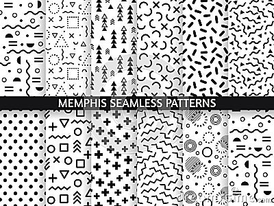 Memphis seamless patterns. Funky pattern, retro fashion 80s and 90s print pattern texture. Geometric graphics style Vector Illustration