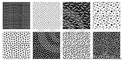 Memphis seamless patterns. Geometric lines and dots texture, black and white 80s textures and funky pattern vector set Vector Illustration