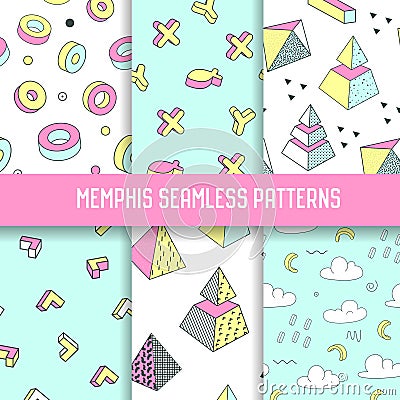 Memphis Style Abstract Seamless Patterns Set with Geometric Elements. Funky Hipster 80s-90s Fashion Backgrounds Vector Illustration