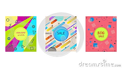 Memphis style cards with geometric shapes and patterns Vector Illustration