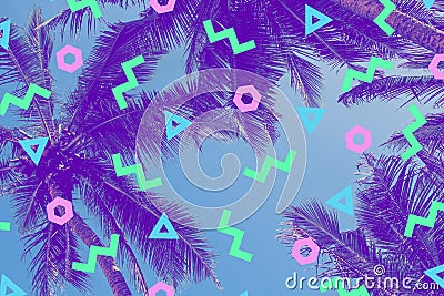 Memphis style of fashion illustration with tropical background, colored geometric shapes, vintage trendy duotone pattern Cartoon Illustration