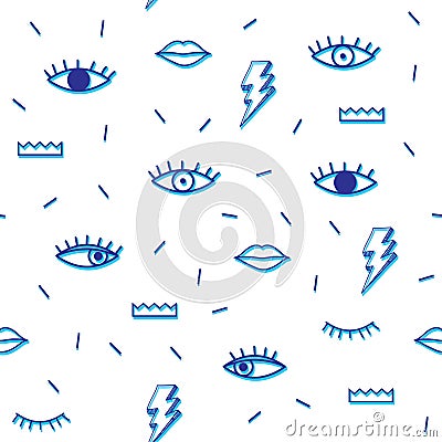 BLUE PSYCHEDELIC MEMPHIS STYLE SEAMLESS PATTERN. GEOMETRIC ELEMENTS TEXTURE. 80S-90S DESIGN ON WHITE BACKGROUND. Vector Illustration